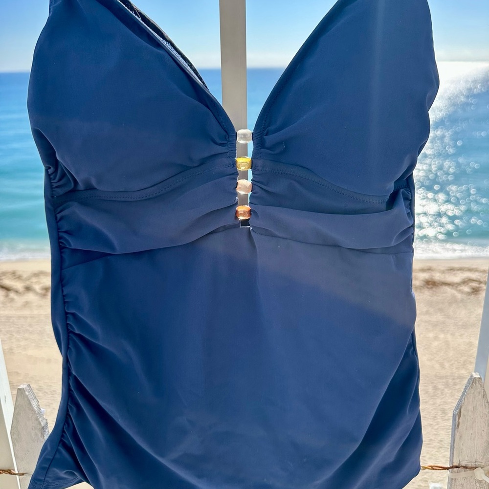 Profile by Gottex Dark Navy V-Neck Tankini Top with Decorative Beads - Picture 3 of 8